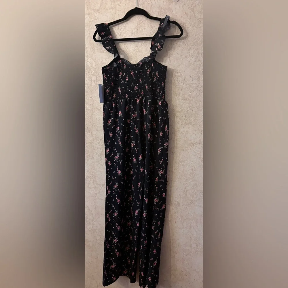 Three Girls Clothing Floral Black Jumpsuit with Ruffle Straps